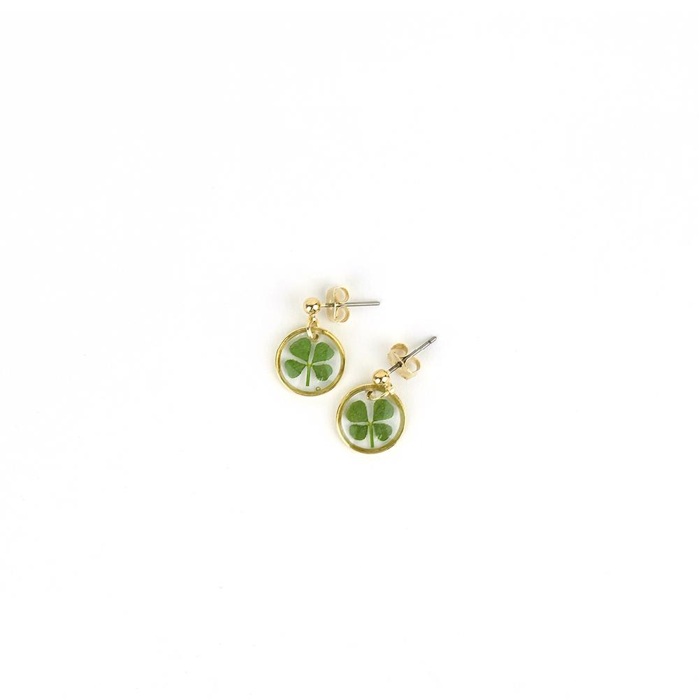 Resin Craft Earring with Four Leaf Clover Dangle Real Lucky Clover Ear Rings - Round Type