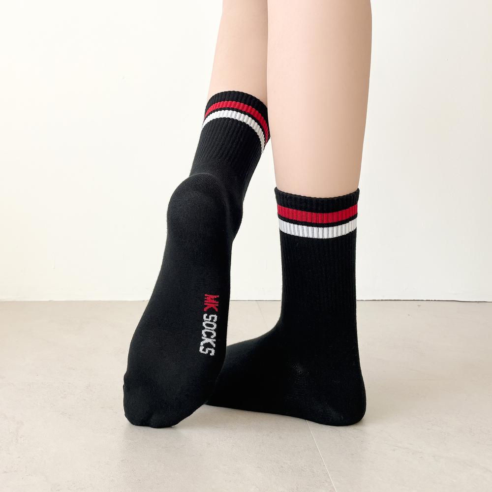 [MK SOCKS] Cotton 3-color  (2 black + 2 white + 2 grey) 2-Sttripe Athletic Sports Socks