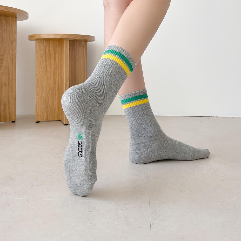 [MK SOCKS] Cotton 3-color  (2 black + 2 white + 2 grey) 2-Sttripe Athletic Sports Socks