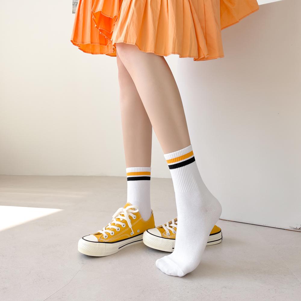 [MK SOCKS] Cotton 3-color  (2 black + 2 white + 2 grey) 2-Sttripe Athletic Sports Socks